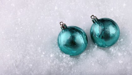 Poster - teal christmas ornaments on snow, holiday decorations for web design and branding, high quality photo resource for festive graphics

