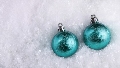 Poster - teal christmas ornaments on snow, holiday decorations for web design and branding, high quality photo resource for festive graphics


