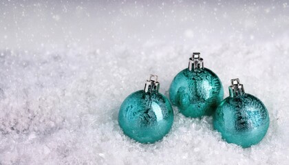 Poster - teal christmas ornaments on snow, holiday decorations for web design and branding, high quality photo resource for festive graphics

