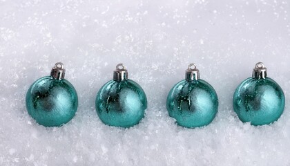 Poster - teal christmas ornaments on snow, holiday decorations for web design and branding, high quality photo resource for festive graphics

