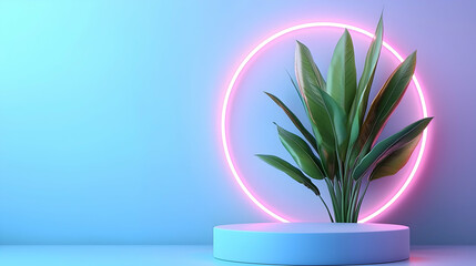 Poster - Blue Floating Podium with Neon Ring and Green Plant