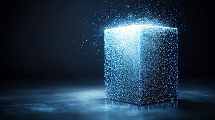 Poster - Blue cube with a lot of small dots on it. The cube is surrounded by a lot of blue and white