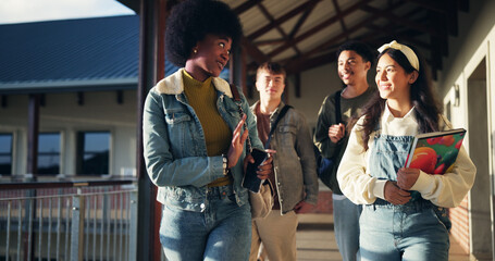 Poster - Friends, talking and students with walking in hallway for high school gossip, conversation and learning break. Education, people and happy with discussion outdoor for study tips and scholarship chat