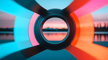 Fototapete - Abstract Geometric Circle with Vibrant Sunset Landscape Background