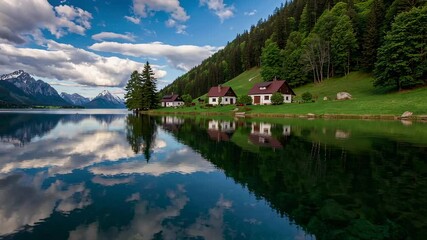 Poster - Alpine landscape revealing traditional houses nestled along tranquil lake shoreline, mirroring perfectly in calm water beneath overcast sky with mountain scenery surrounding architectural setting
