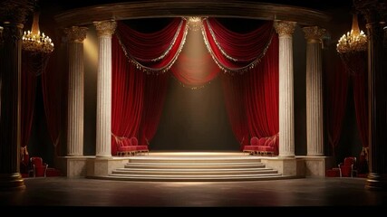 Poster - Elegant theater stage with red curtains and classical columns illuminated by soft light for dramatic performances and events