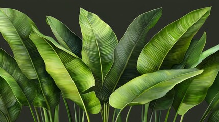 Poster - Bunch of green leaves are shown in a close up. The leaves are large and are spread out, giving the impression of a lush, tropical environment. Concept of calm and serenity