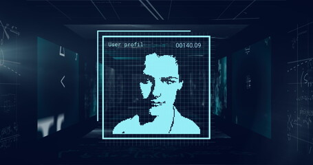 Poster - image of user photos and data processing on black background