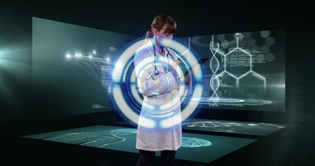 Poster - Image of data processing over caucasian female doctor with tablet