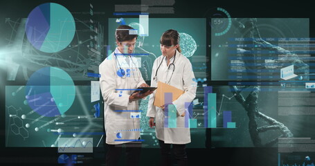 Poster - Image of data processing over caucasian male and female doctors talking