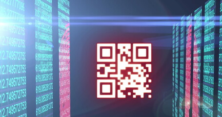 Poster - image of qr code over data processing on black background