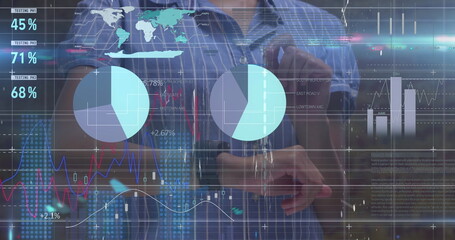 Poster - image of data processing over caucasian woman using smartwatch