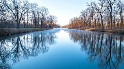Poster - Calm river with trees on both sides. The water is blue and the sky is clear. The trees are bare and the water is still