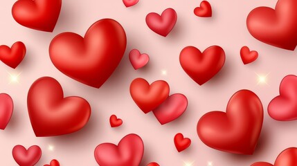Fototapete - Close up of many red hearts in a pattern. The hearts are all different sizes and are scattered throughout the image. Scene is one of love and affection