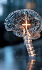 Poster - Digital representation of a human brain with neural network connections highlighting a central cross
