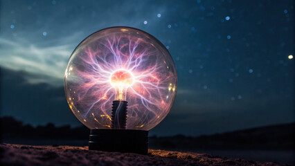 glowing plasma globe emits vibrant energy against starry night sky, creating mesmerizing and captiva