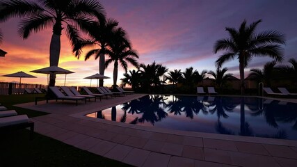 Aufkleber - Stunning sunset colors paint the sky above a tranquil resort pool, with silhouetted palm trees creating a picturesque reflection on the water's surface