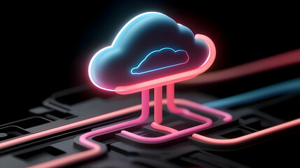 Poster - Glowing Neon Cloud Icon Hovering Over Circuit Board