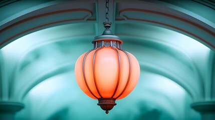Poster - Glowing Ornate Lantern Hanging in a Misty Teal Atmosphere