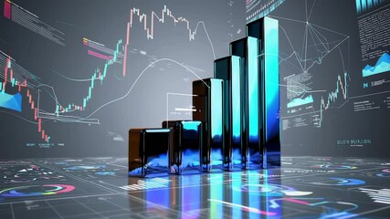 Poster - Bar graph rising dynamically, transforming from blue to gold hues, displaying financial performance and market data progression against analytical background