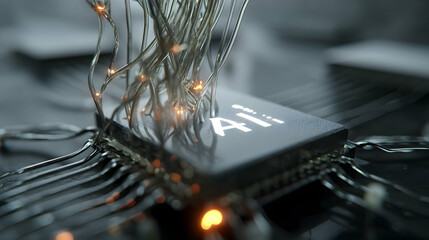 Poster - Futuristic ai chip entwined with data streams showcasing technological advancement and neural networking