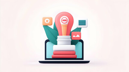 Poster - Laptop Displaying Digital Icons and a Lightbulb Idea