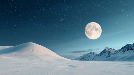 Poster - Large moon is in the sky above a snowy mountain range. The scene is peaceful and serene, with the moon casting a soft glow over the landscape. The contrast between the bright moon