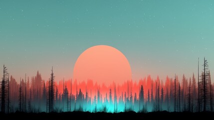 Poster - The sky is a beautiful shade of blue with a large orange sun shining brightly above a lush green forest. The sun is so big that it takes up most of the sky
