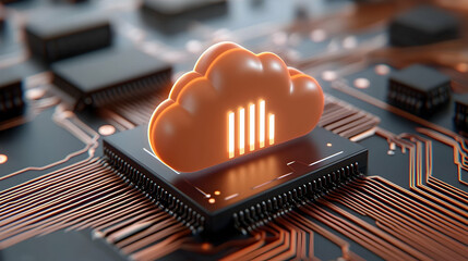 Poster - Orange Glowing Cloud Icon on Dark Circuit Board Microchip