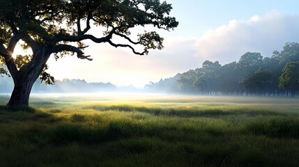 Aufkleber - Large tree stands in a field of grass. The sky is cloudy and the sun is setting