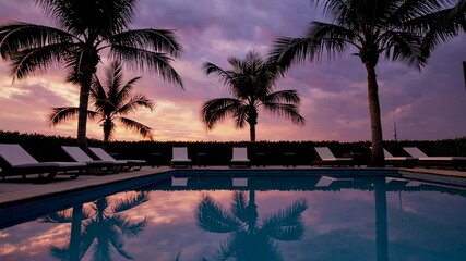 Aufkleber - Tranquil resort swimming pool reflecting lush palm trees against vibrant sunset sky, mirroring peaceful tropical landscape with serene evening light and luxurious relaxation atmosphere