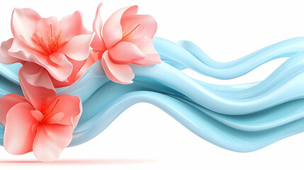 Poster - Pink Flowers and Light Blue Wavy Abstract Background