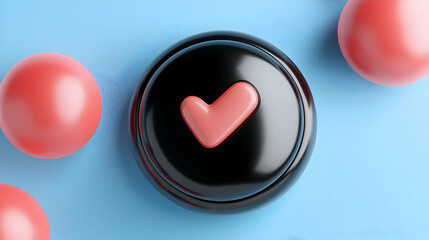 Poster - Pink Heart on Black Glossy Button with Pink Spheres on Blue Background