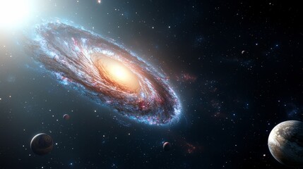 Aufkleber - Large, colorful planet with a bright sun in the background. The planet is surrounded by smaller planets and stars