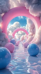 Wall Mural - pastel spheres path, dreamy cloudscape, surreal landscape, digital art, fantasy background