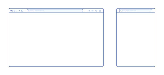 Transparent browser window on blue and violet background. Window internet browser with toolbar and search bar. Blank screen website mockup. Template design for ui, ux, app. Vector illustration