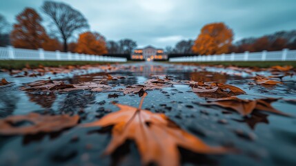 Aufkleber - Leaf is floating on a puddle of water. The leaf is orange and the water is murky