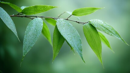 Poster - Leafy green branch with raindrops on it. The raindrops are small and scattered, giving the impression of a light drizzle. The branch is the main focus of the image