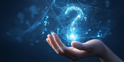 Poster - Hand holding glowing blue question mark, network of lines and smaller question marks surrounding it, symbolizing search for answers, knowledge, or uncertainty
