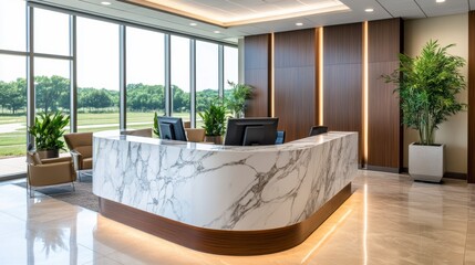 Poster - Modern office reception area with marble desk, large windows, plants, and comfortable seating.