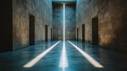 Poster - Long hallway with a light shining down on it. The light is creating a sense of depth and movement in the space