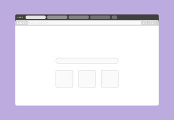 Transparent browser window on blue and violet background. Window internet browser with toolbar and search bar. Blank screen website mockup. Template design for ui, ux, app. Vector illustration