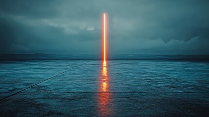 Aufkleber - Long red light is shining on the water. The light is bright and stands out against the dark blue sky. The scene is calm and peaceful, with the water reflecting the light