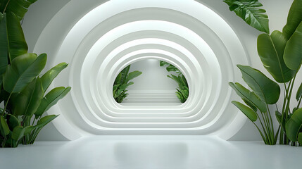 Poster - White Circular Tunnel with Lush Green Plants