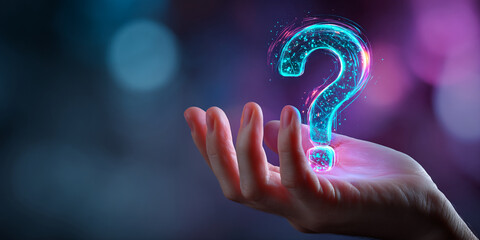 Poster - Glowing question mark hovers above an open palm, set against a blurred background, symbolizing inquiry, curiosity, and the search for answers
