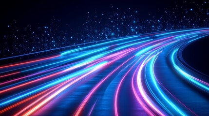 Fototapete - Long, curving road with bright lights and a starry sky in the background. The lights are moving and creating a sense of motion and excitement