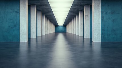 Aufkleber - Long, empty hallway with blue walls and white pillars. The hallway is very long and has a very clean, minimalist look