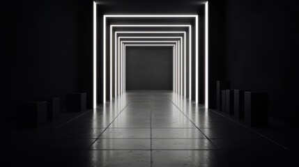 Aufkleber - Long, narrow hallway with a series of white lines on the floor. The hallway is empty and the lights are on