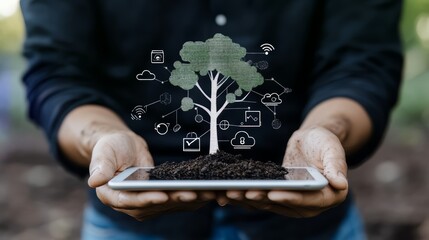 Poster - Person is holding a tablet with a tree on it. The tree is surrounded by various icons and symbols, such as a laptop, a cell phone, and a keyboard. Concept of technology and nature coexisting