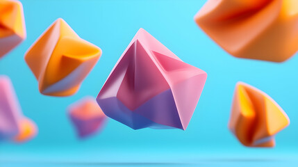 Fototapete - Floating Faceted Crystals: Pink and Orange Geometric Shapes on Blue Background